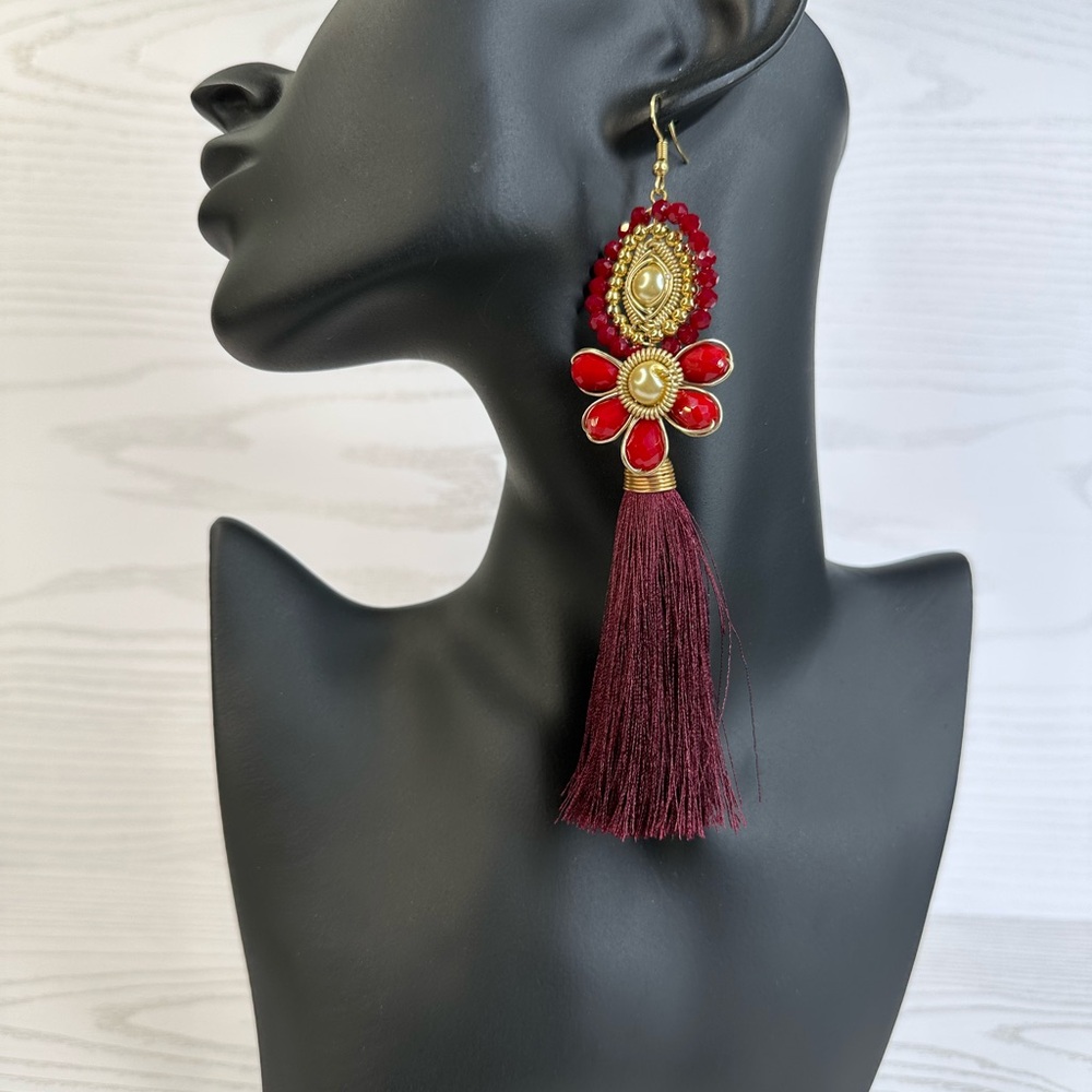 New handmade Elegant Red and Gold‎ Tassel Earrings 14k gold platted